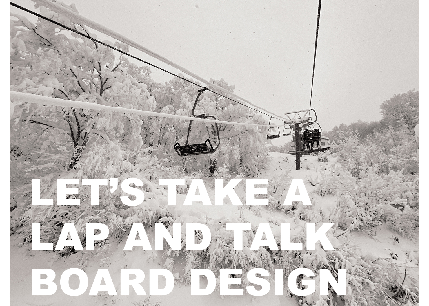 Lets take a lap and talk board design image of stormy powder day in Hakuba